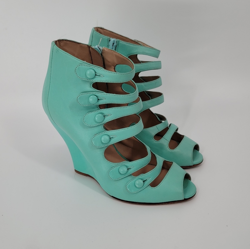 Oscar de la Renta Blue Strappy Dakota Nappa Wedge Sandals Size 35.5
